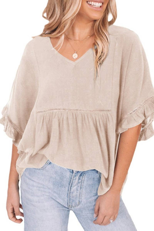 Khaki V-NECK RUFFLED SHORT SLEEVE BLOUSE