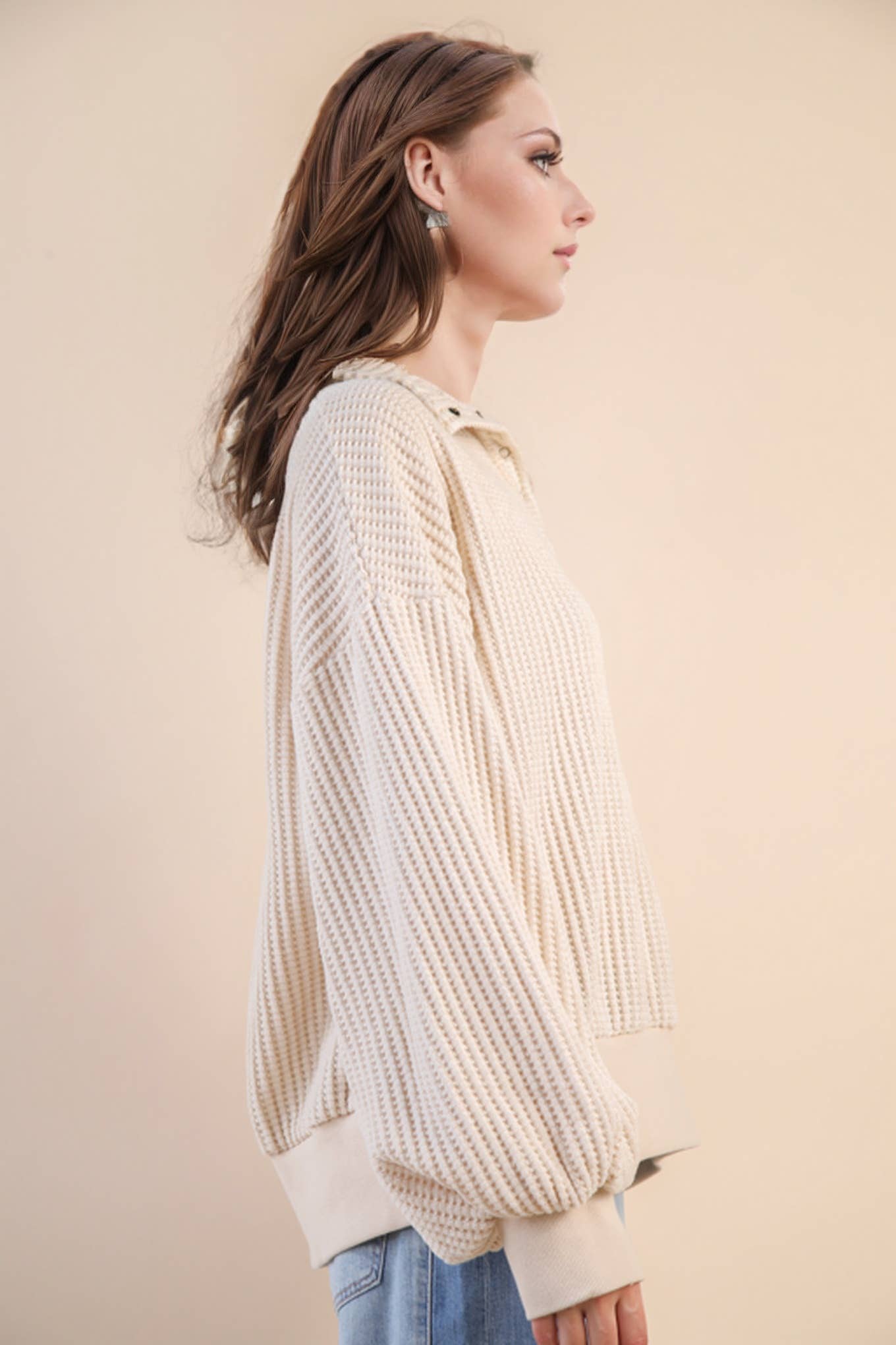 Ivory Oversized Half Button Down Casual Waffle Knit Top