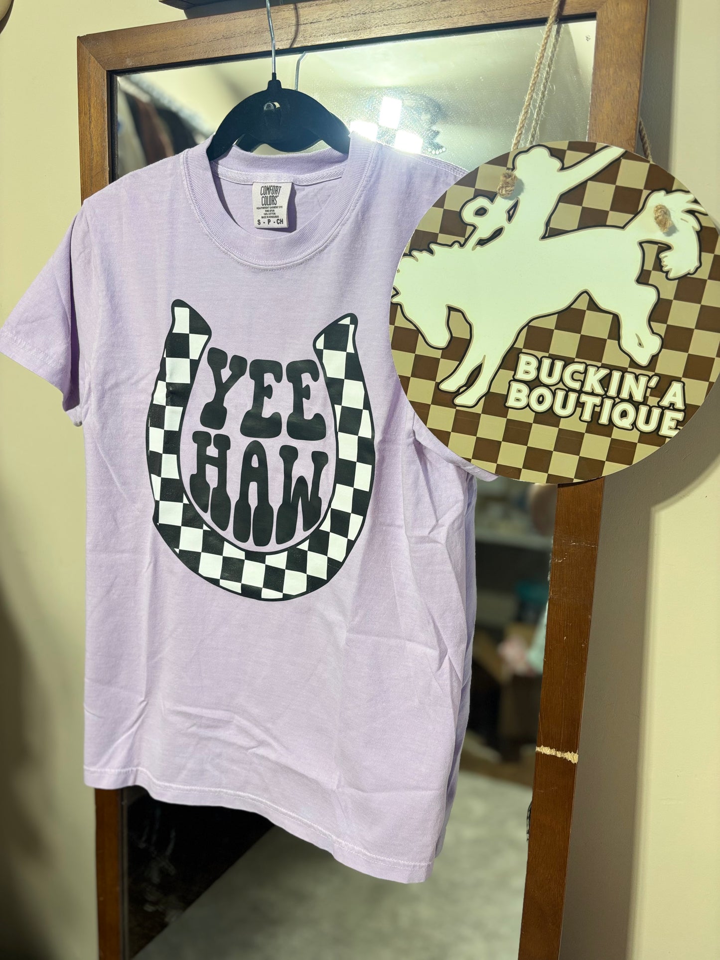 YEE HAW- checkered horseshoe