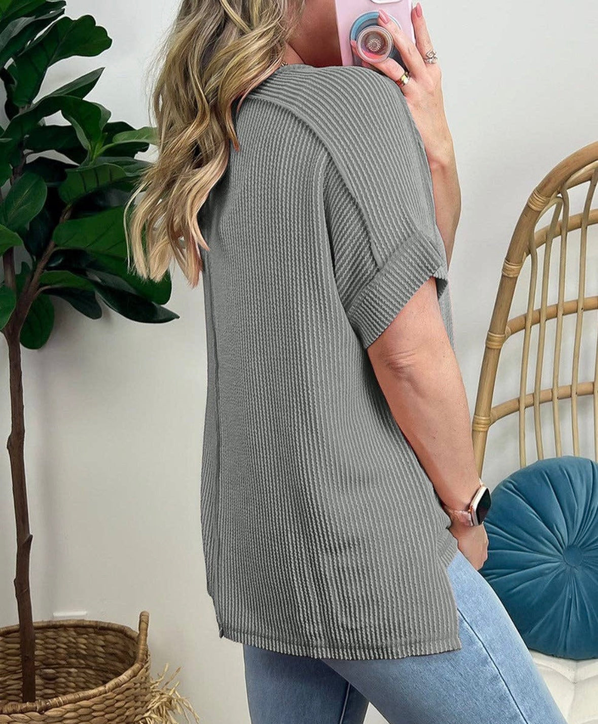 Backstitch Ribbed Casual Top- Multiple Colors Available