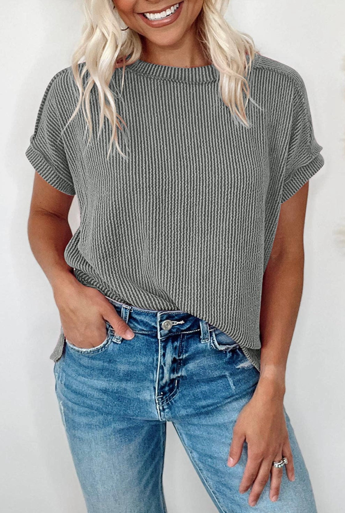 Backstitch Ribbed Casual Top- Multiple Colors Available
