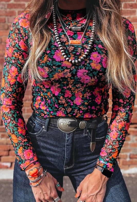 Spring Floral Mesh Top