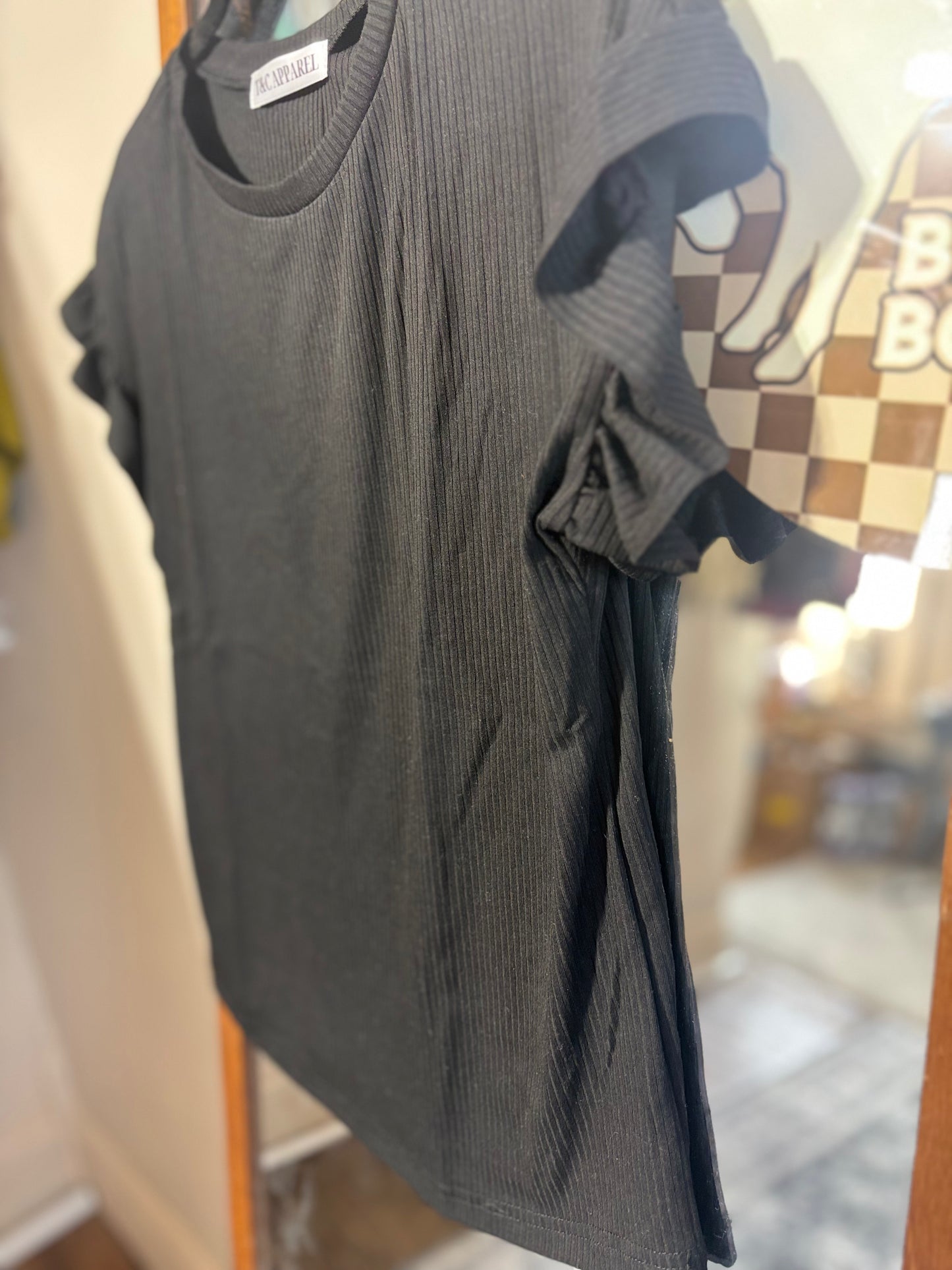Black Simple Ruffled Sleeve Ribbed Top