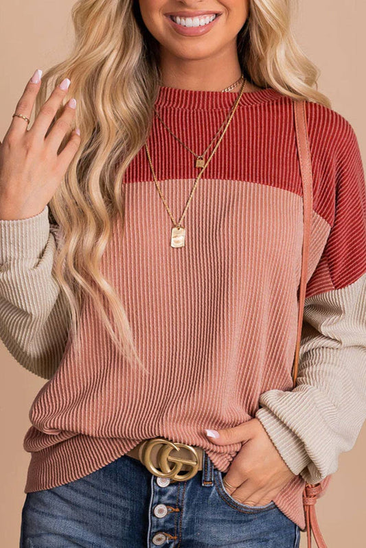 Red Color Block Ribbed Long Sleeve Top