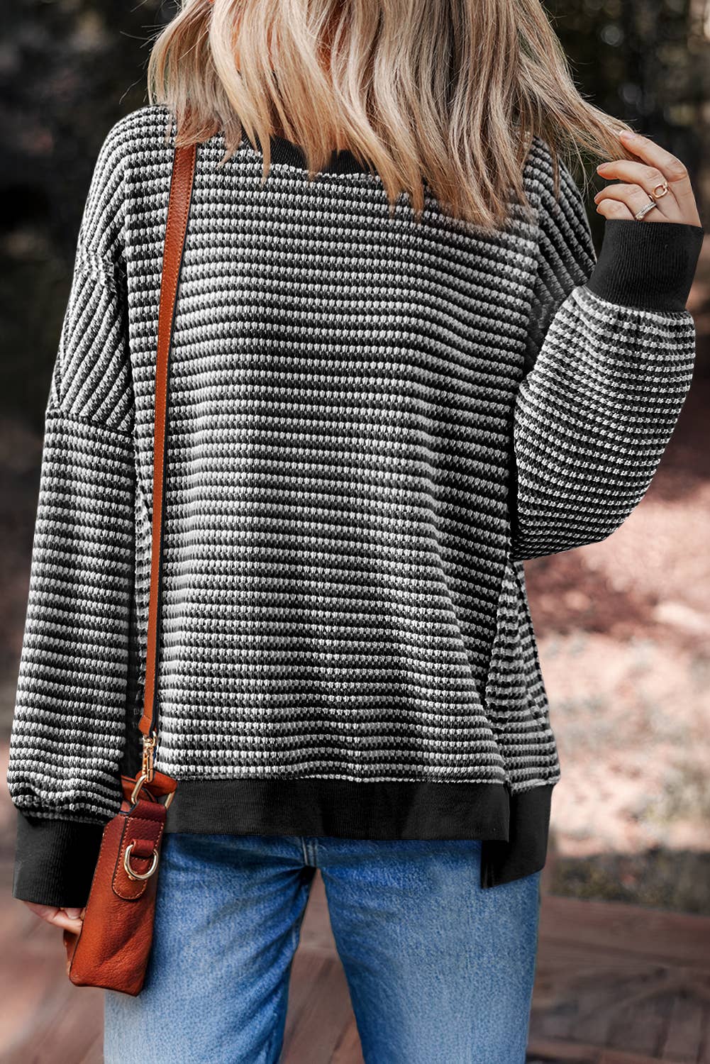 Black Stripe Ribbed Trim Long Sleeve Top