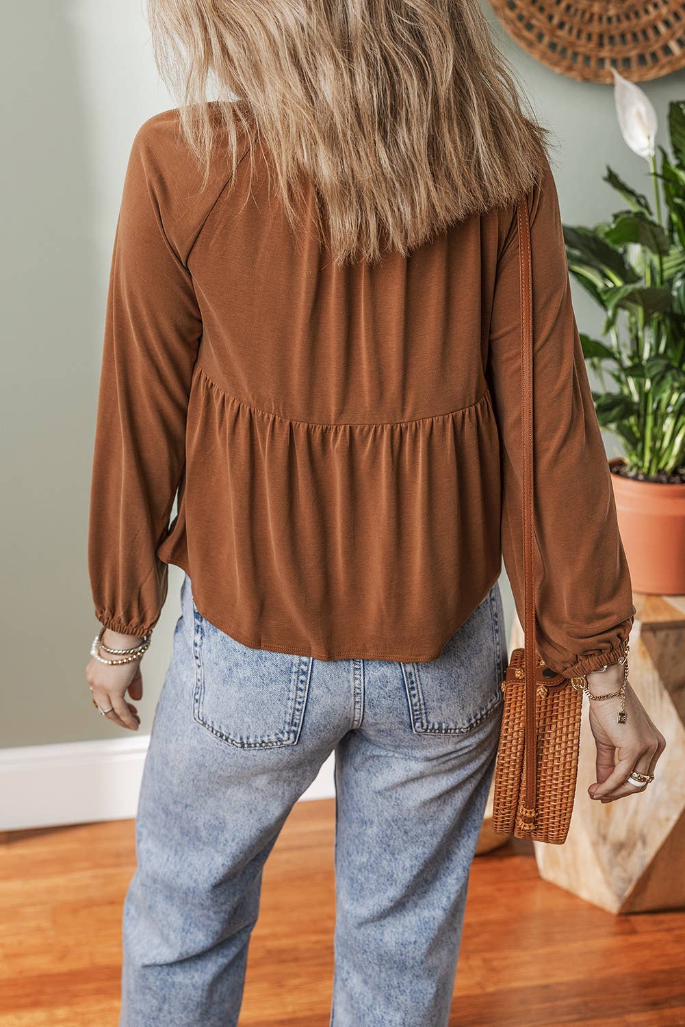 Smocked Bust Buttoned Split V Neck Flow Fit Blouse