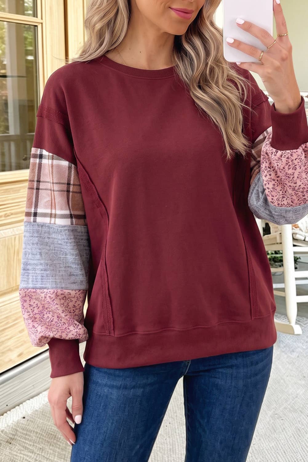 Burgundy Patchwork Sleeve Sweatshirt