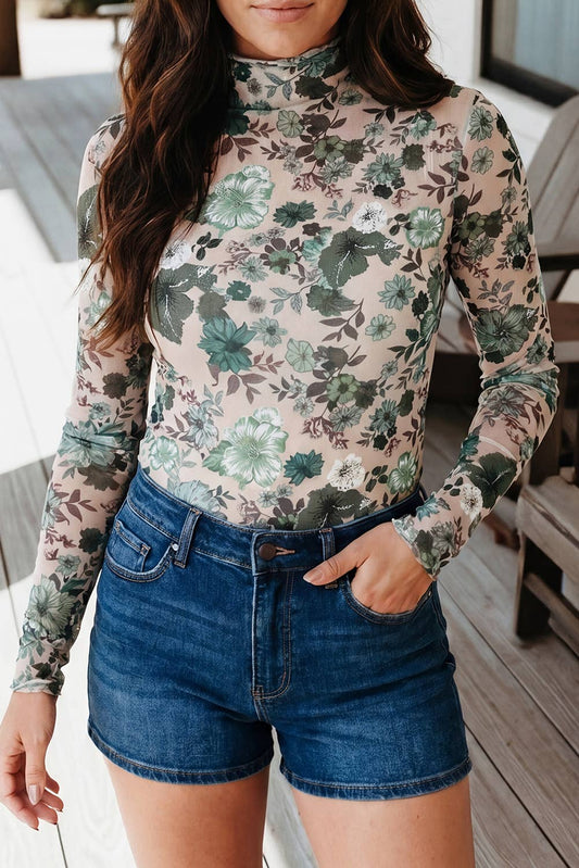 Green Floral Print Mesh Top