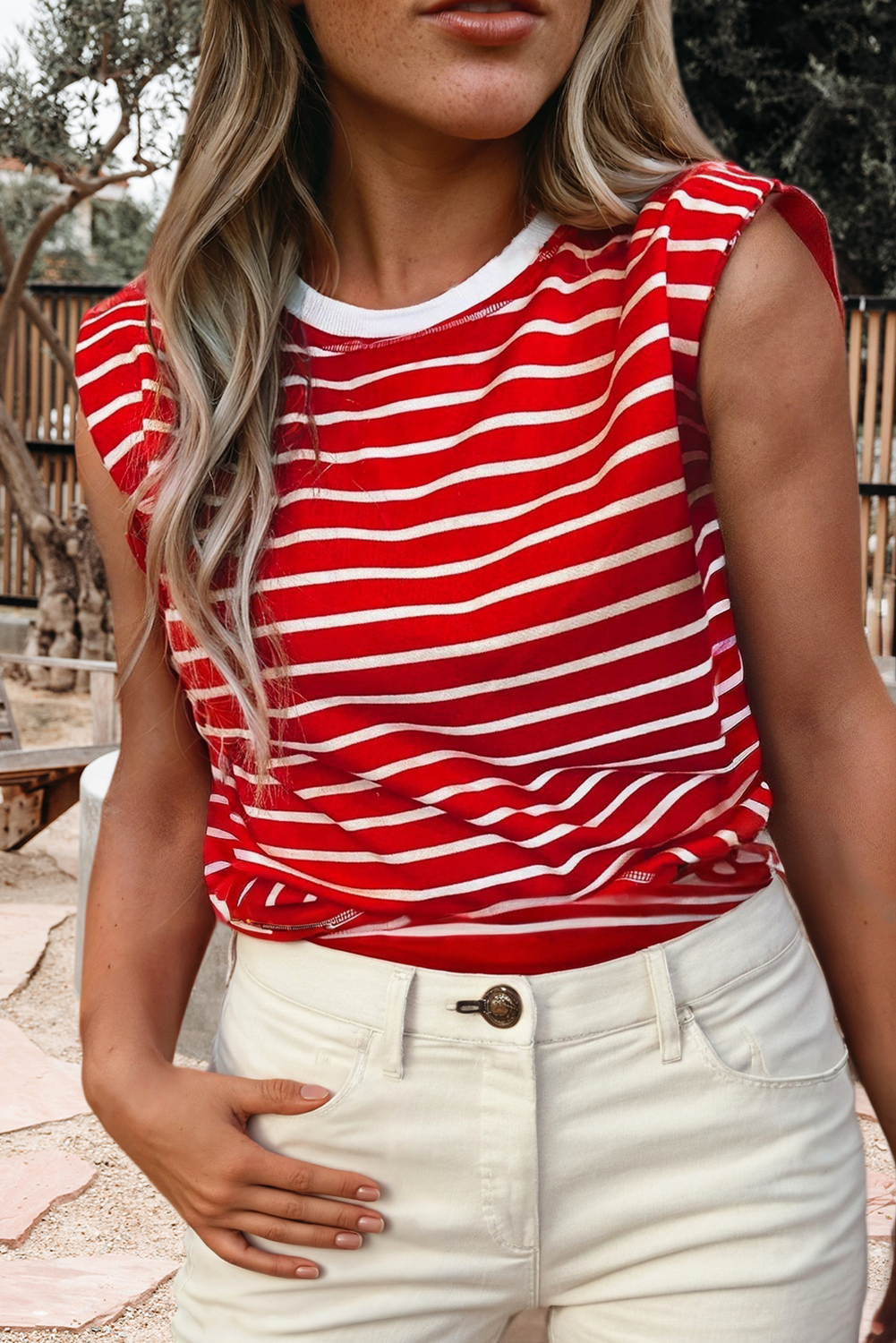 Red & White Stripe Round Neck Tank Top