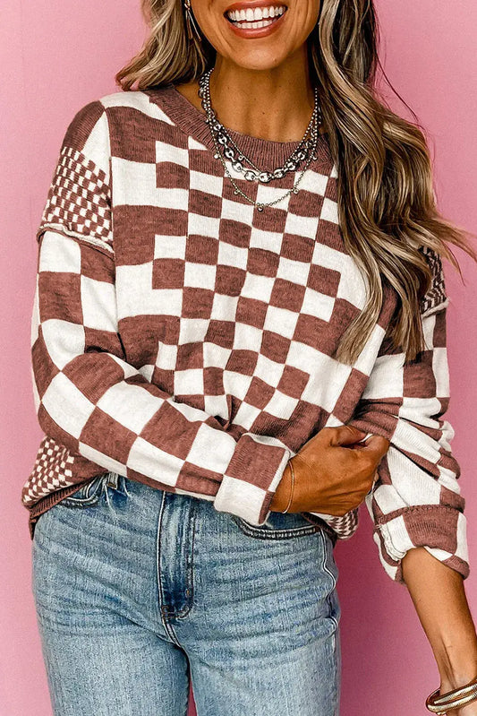 Rust Checkered Round Neck Sweater