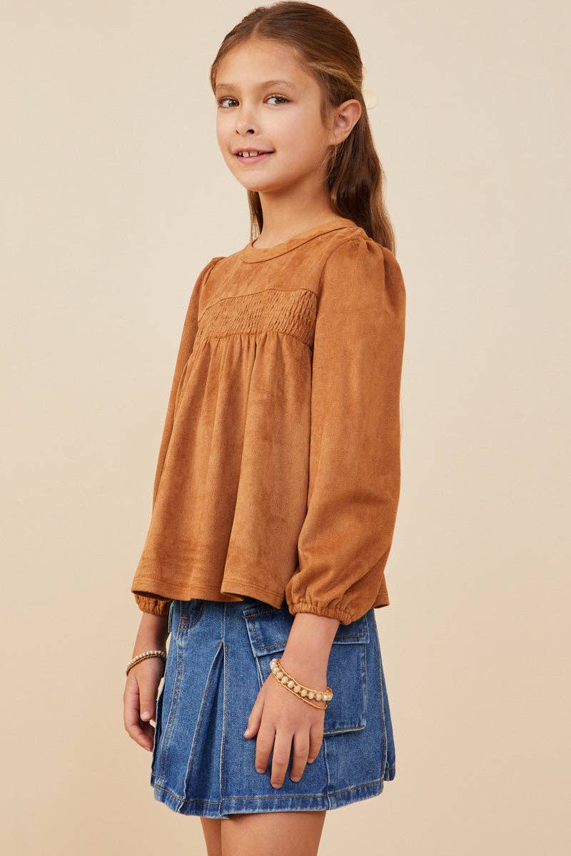 Girls Suede Smocked Baby Doll Top