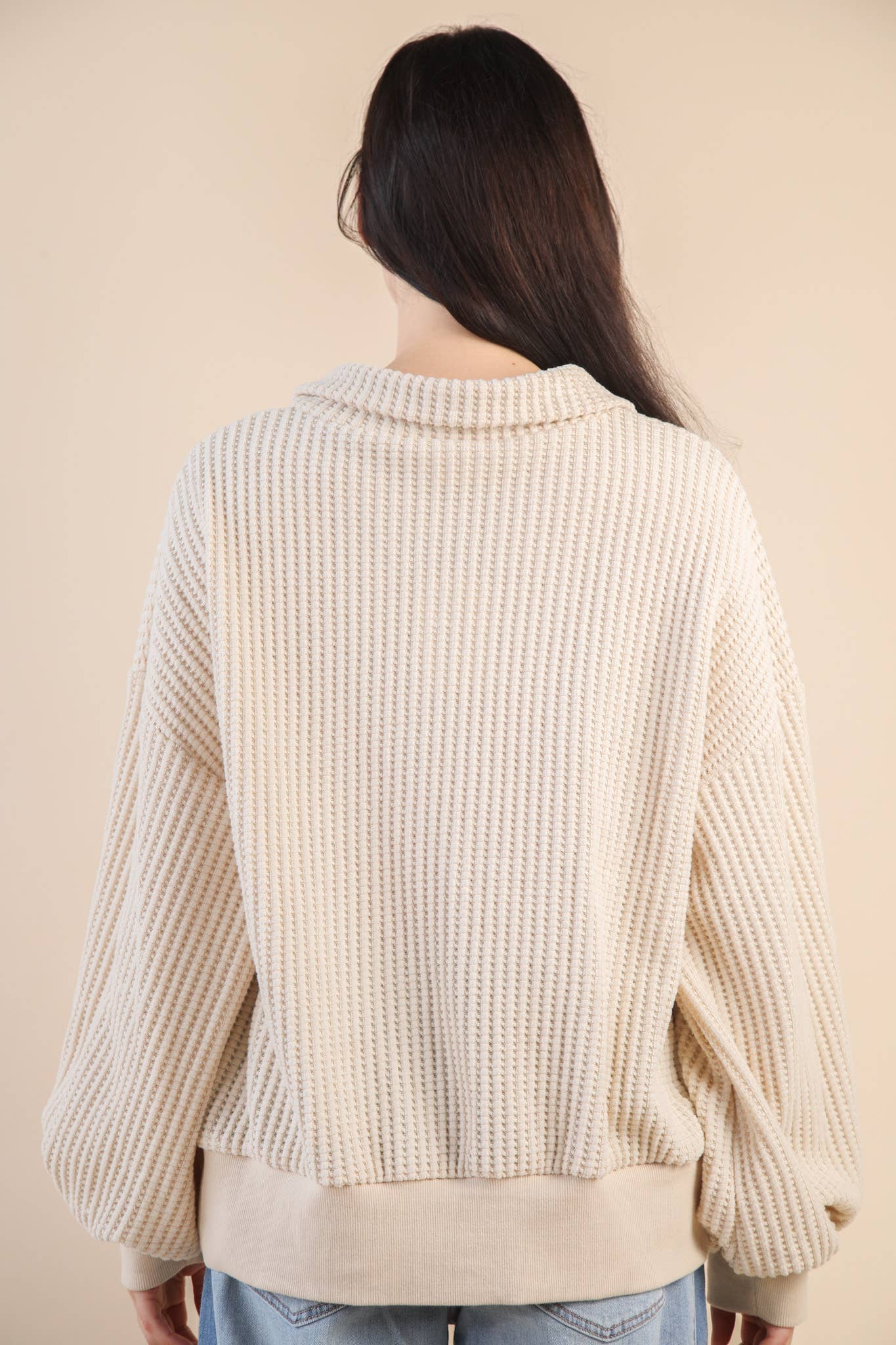 Ivory Oversized Half Button Down Casual Waffle Knit Top