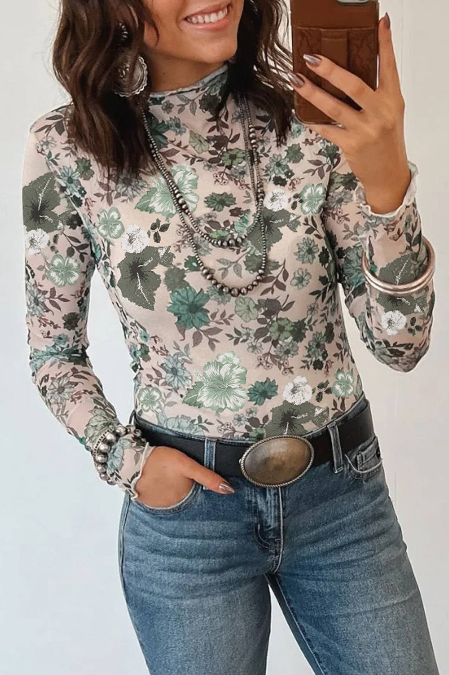 Green Floral Print Mesh Top