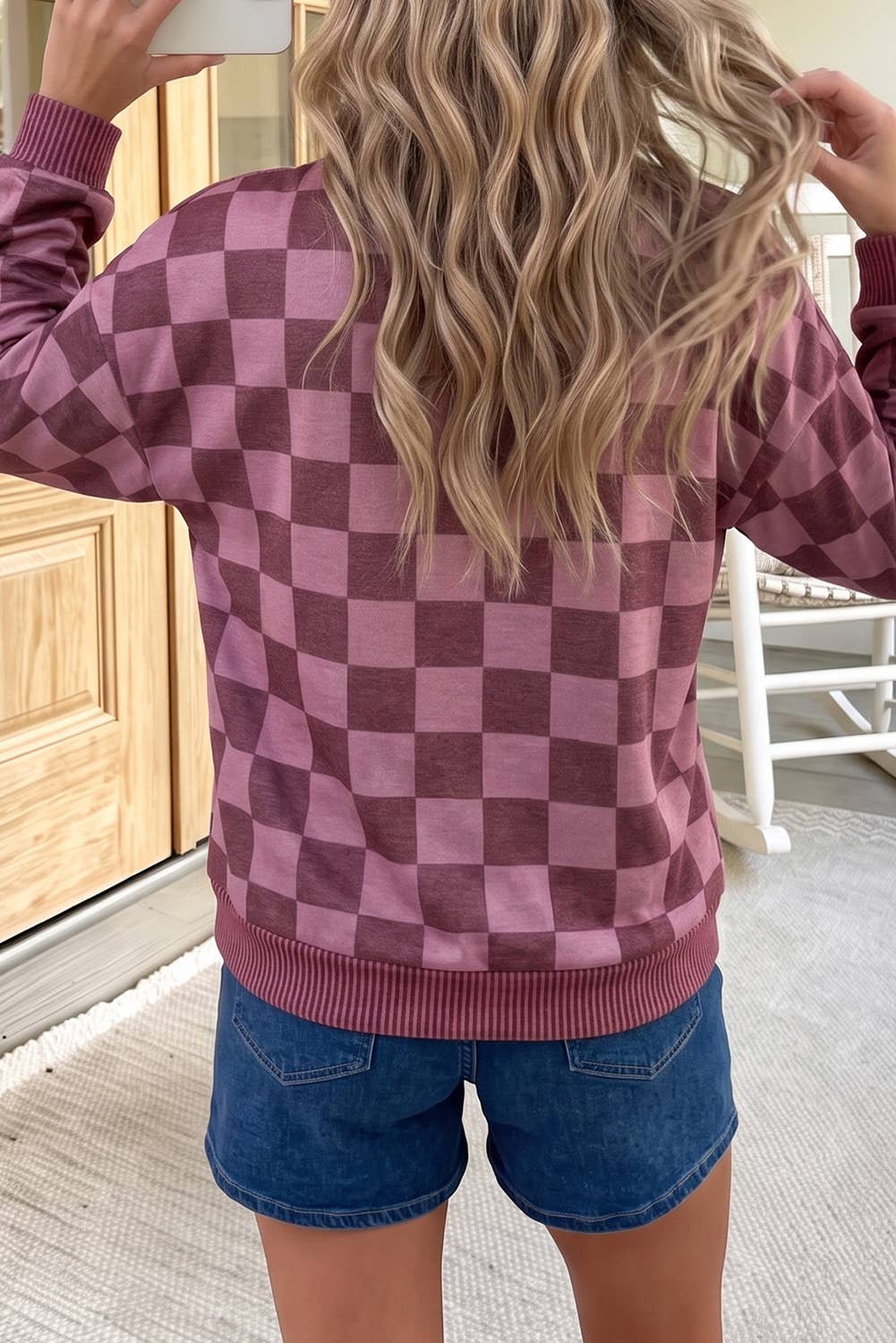 Checkered Ribbed Trim Pullover