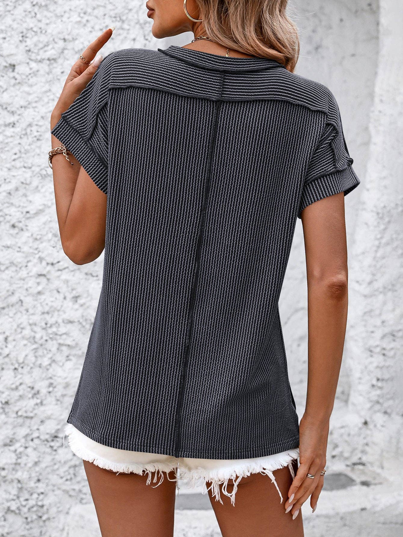 Backstitch Ribbed Casual Top- Multiple Colors Available