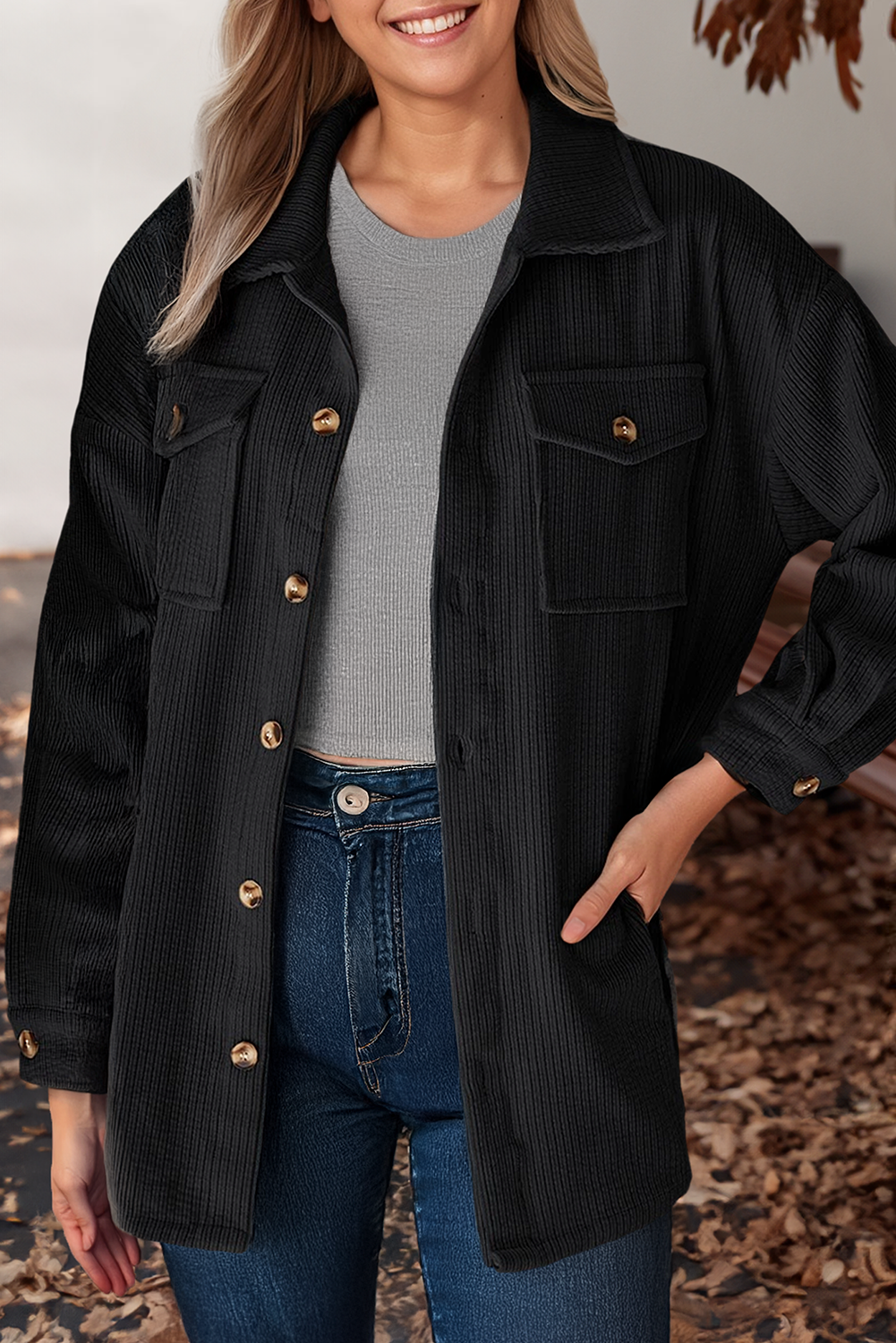 Flap Pockets Button Down Shacket