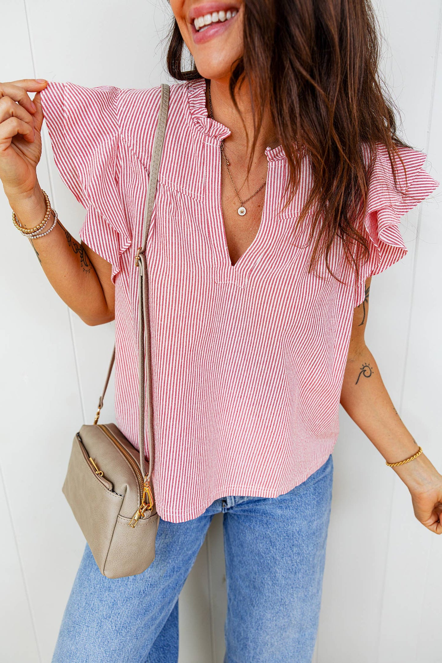 Red Stripe Frilly Blouse