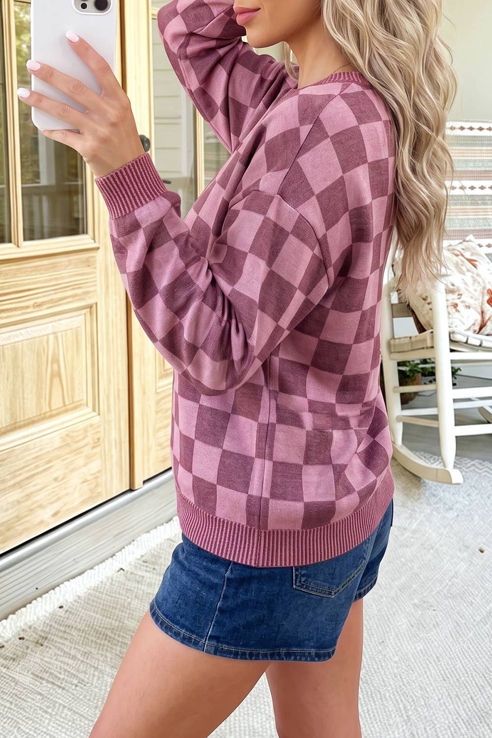 Checkered Ribbed Trim Pullover