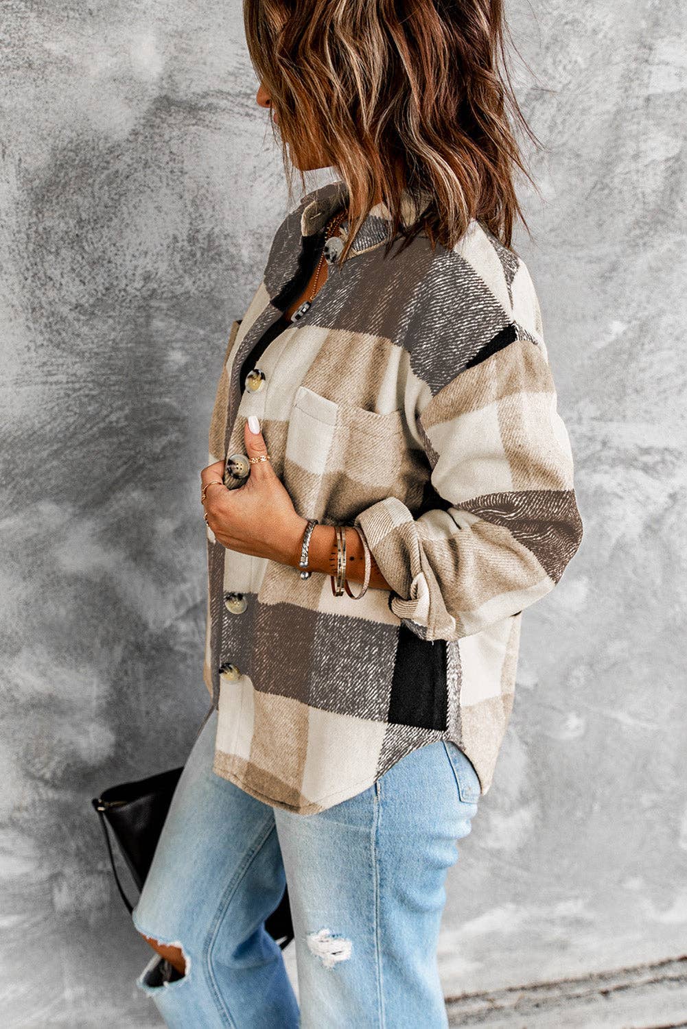 Neutral Plaid Shacket with Pockets
