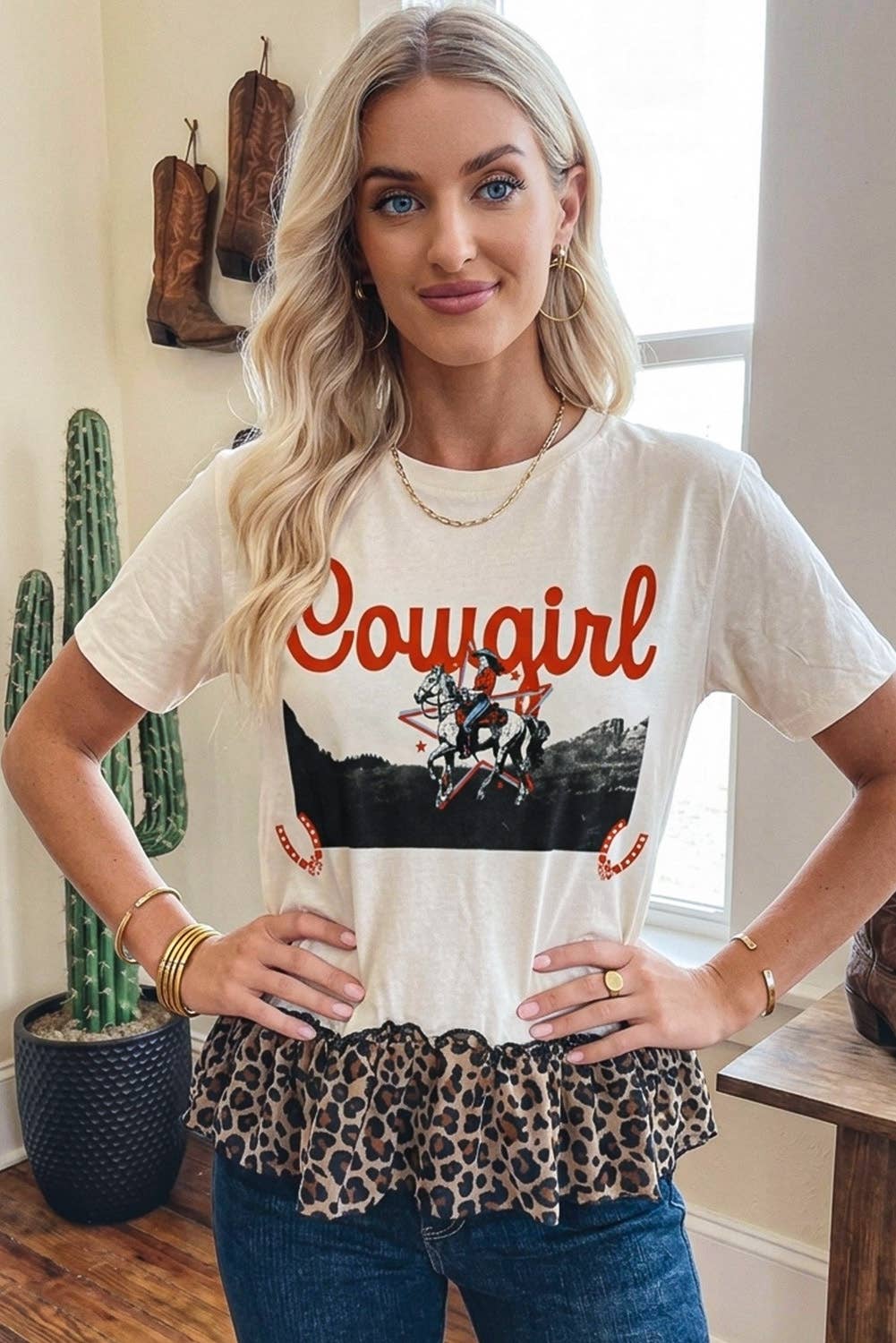 COWGIRL Western Leopard Ruffle Hem Patchwork Top