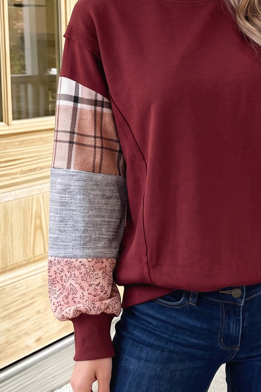 Burgundy Patchwork Sleeve Sweatshirt
