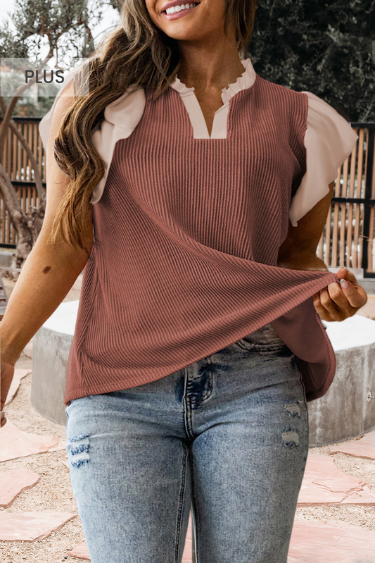 Plus Size Contrast Frilled Neckline Ribbed Textured Blouse