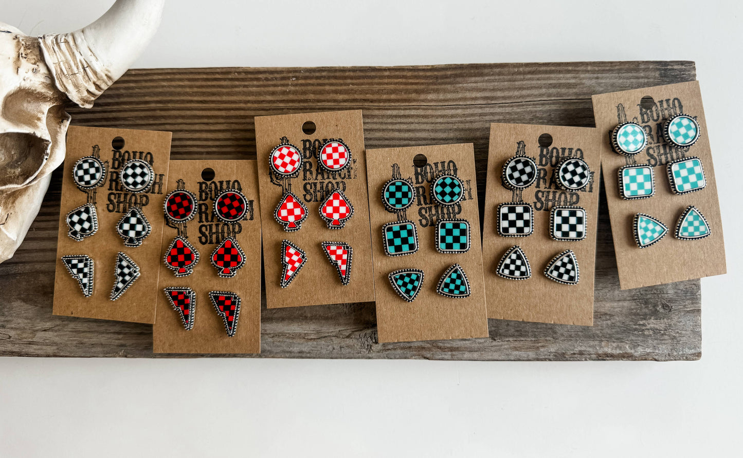 Western Checkered Earring Stud Set
