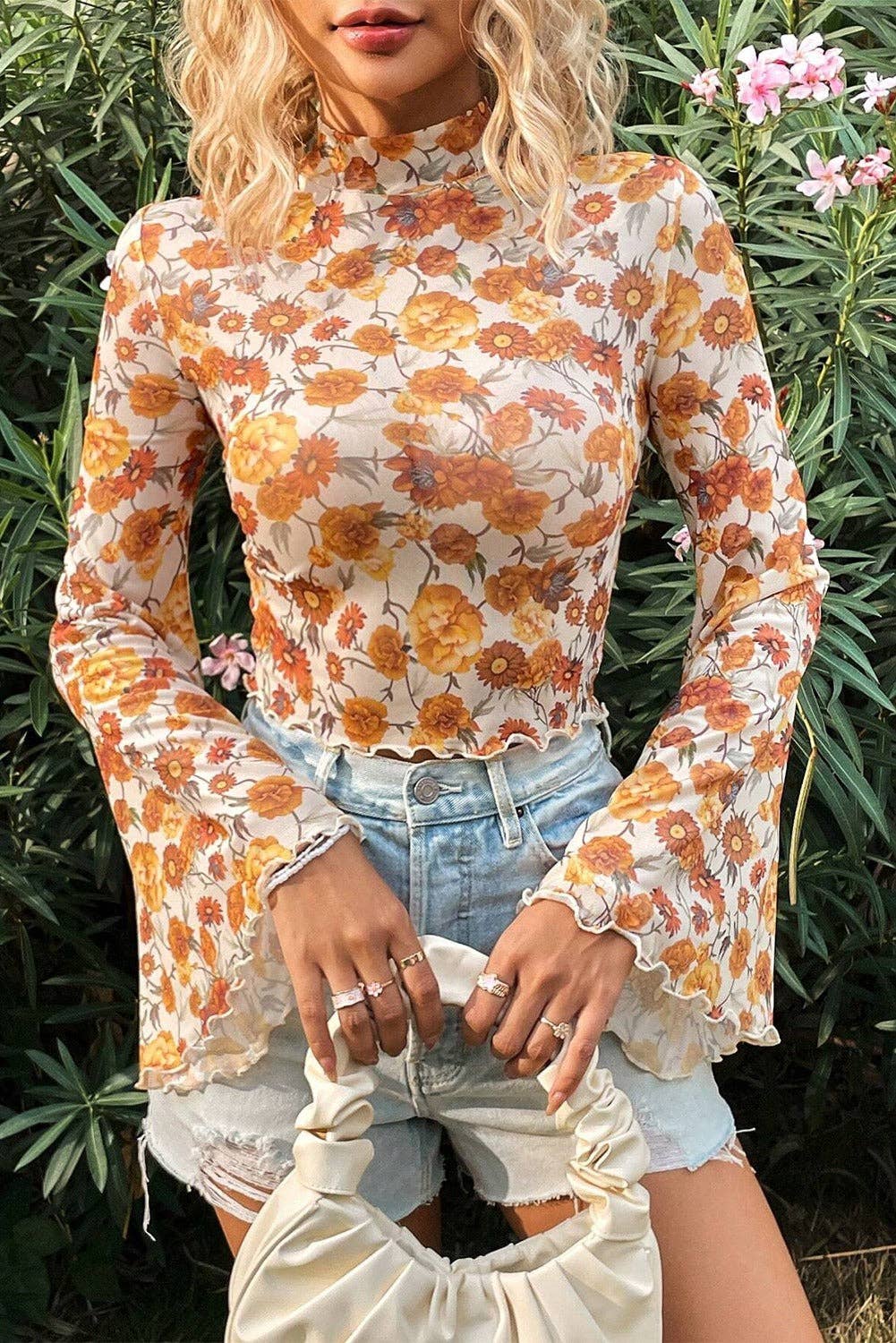Floral Printed Bell Sleeve Mesh Neck Scallop Trim Blouse