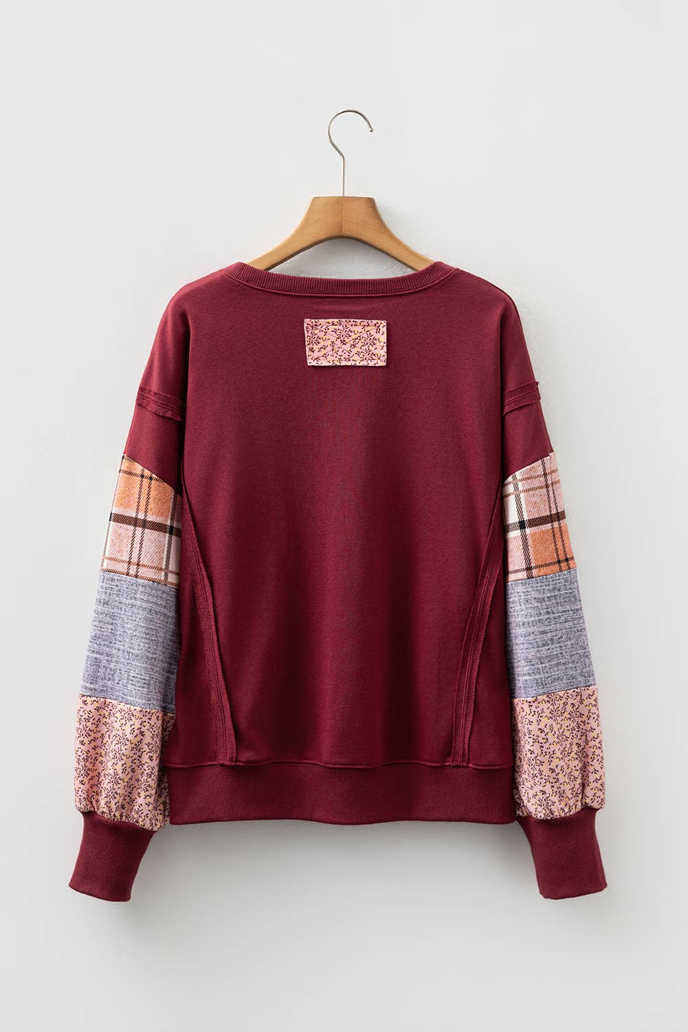 Burgundy Patchwork Sleeve Sweatshirt
