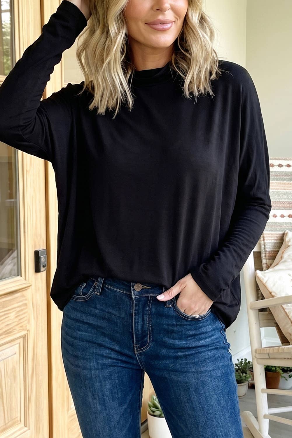 Western Casual Mock Neck Long Sleeve Shift Blouse (S-XL)