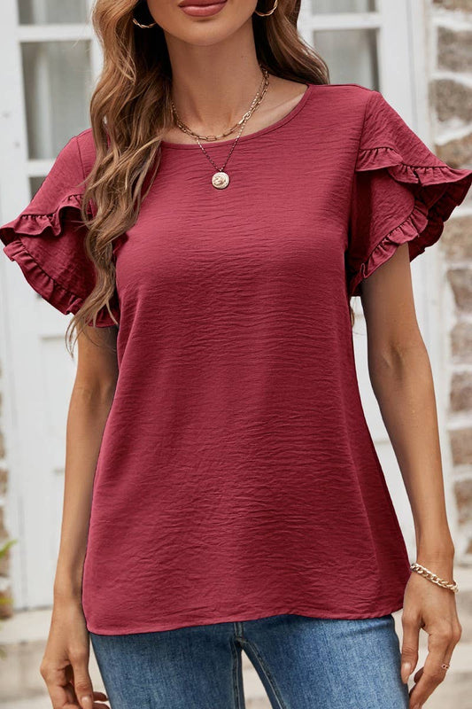 Burgundy Round Neck Ruffle Sleeve Blouse