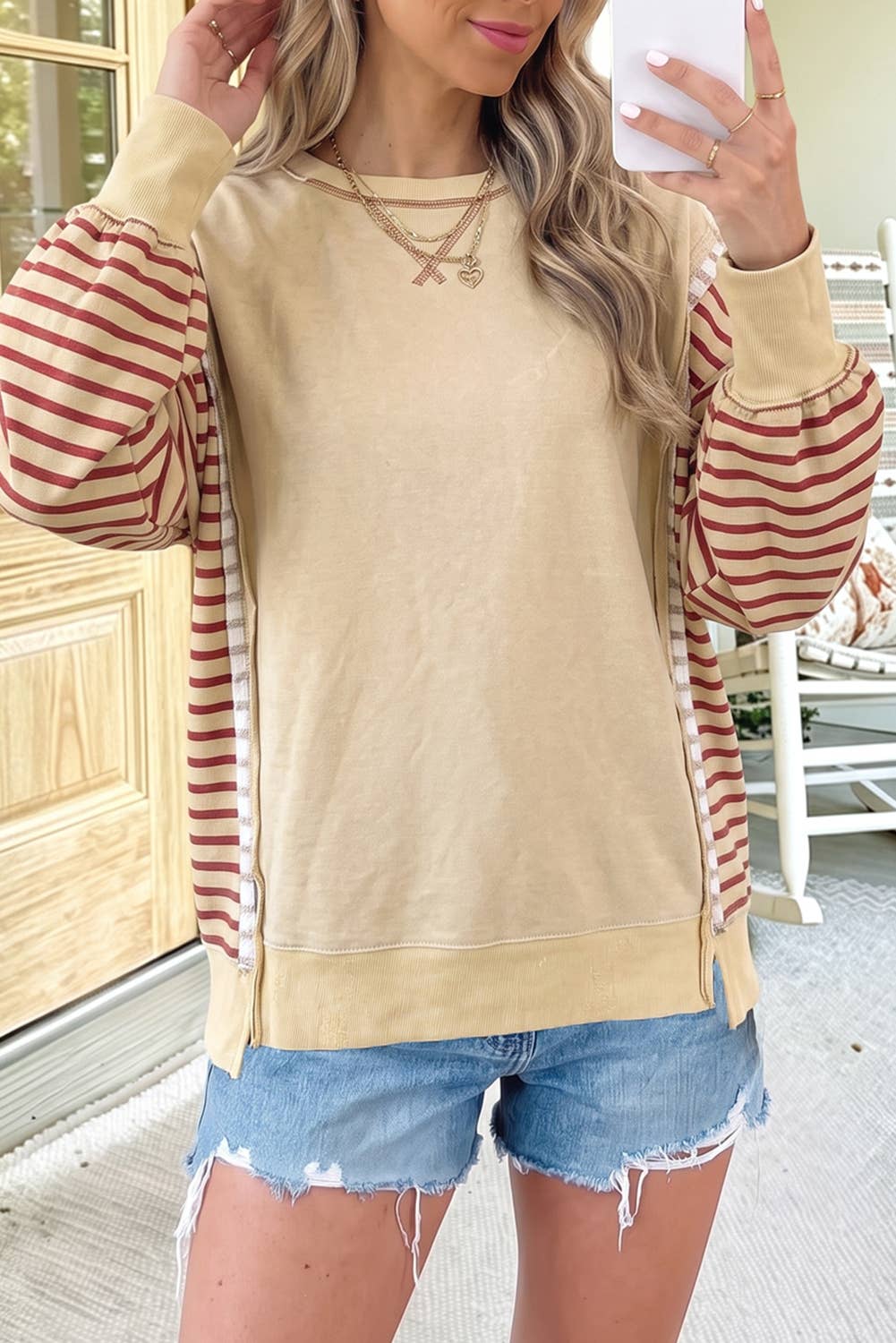 Red Stripe Sleeve Casual Top