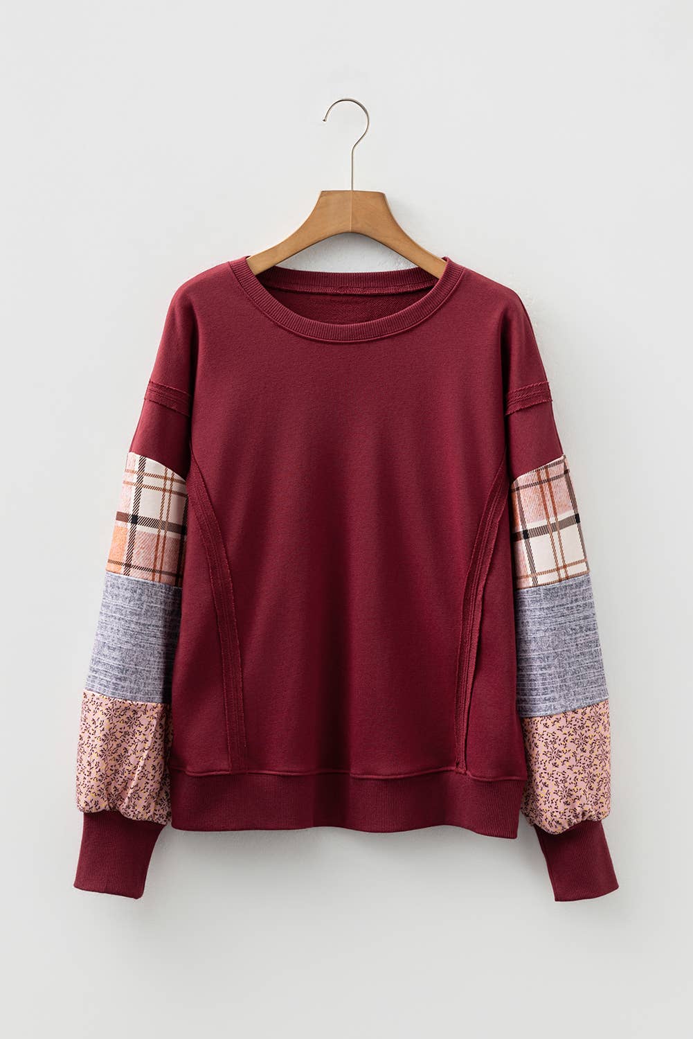 Burgundy Patchwork Sleeve Sweatshirt