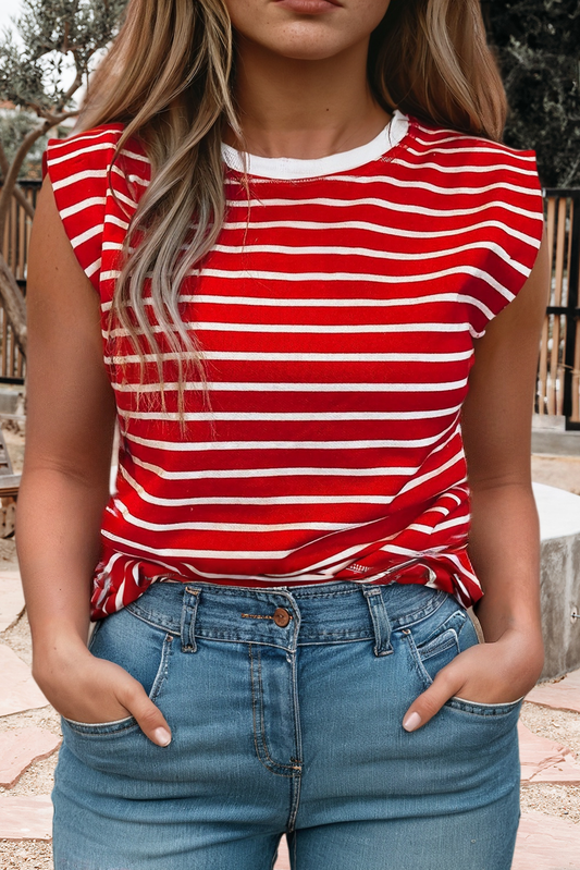 Red & White Stripe Round Neck Tank Top