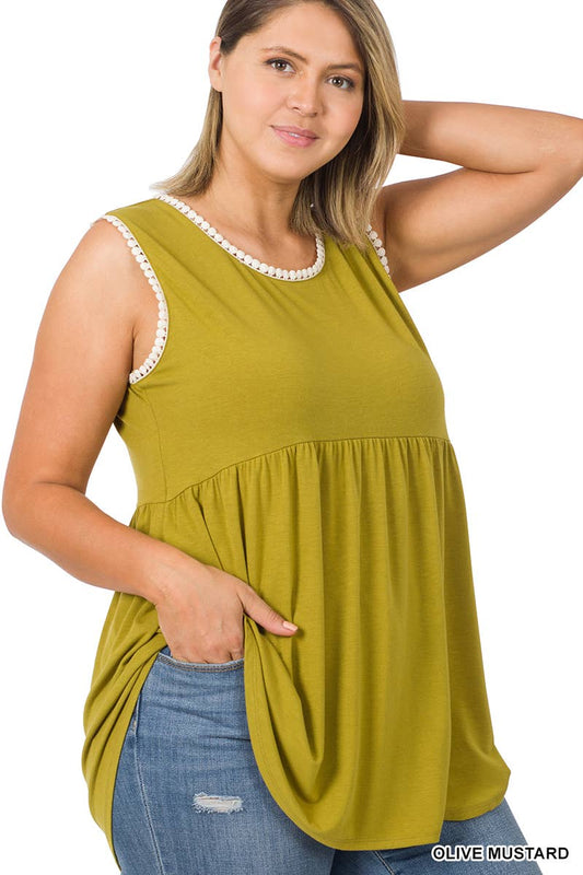 PLUS SIZE EMPIRE WAIST SHIRRING TANK WITH POMP