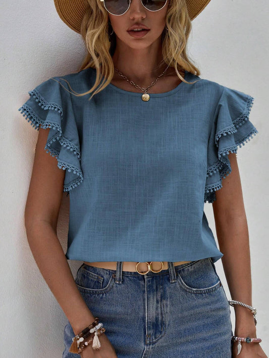 Casual Blue Ruffle Sleeve Top