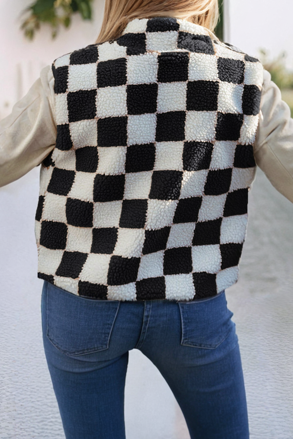 Black Checkered Snap Sherpa Vest