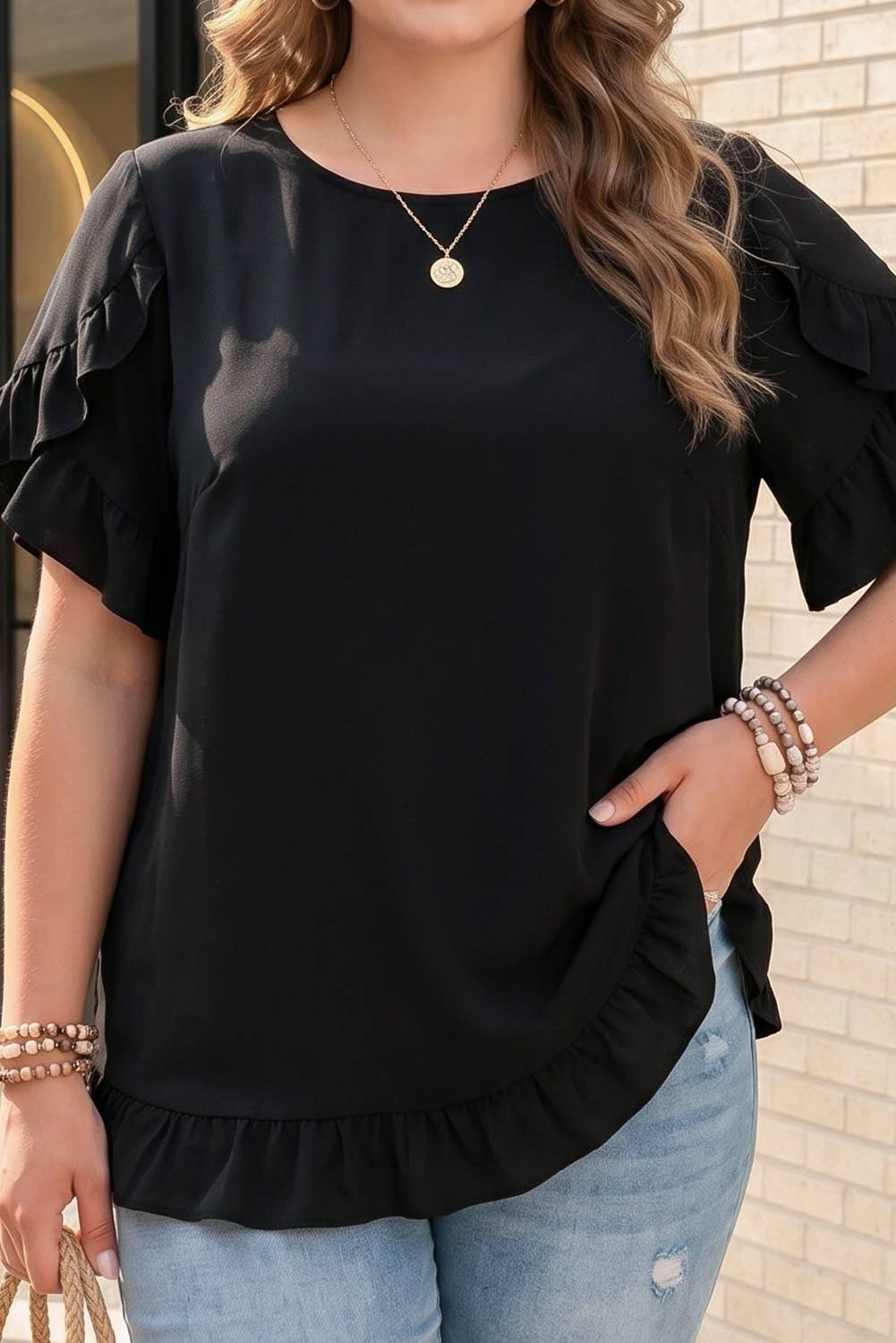 Black Petal Sleeve Plus Size Top