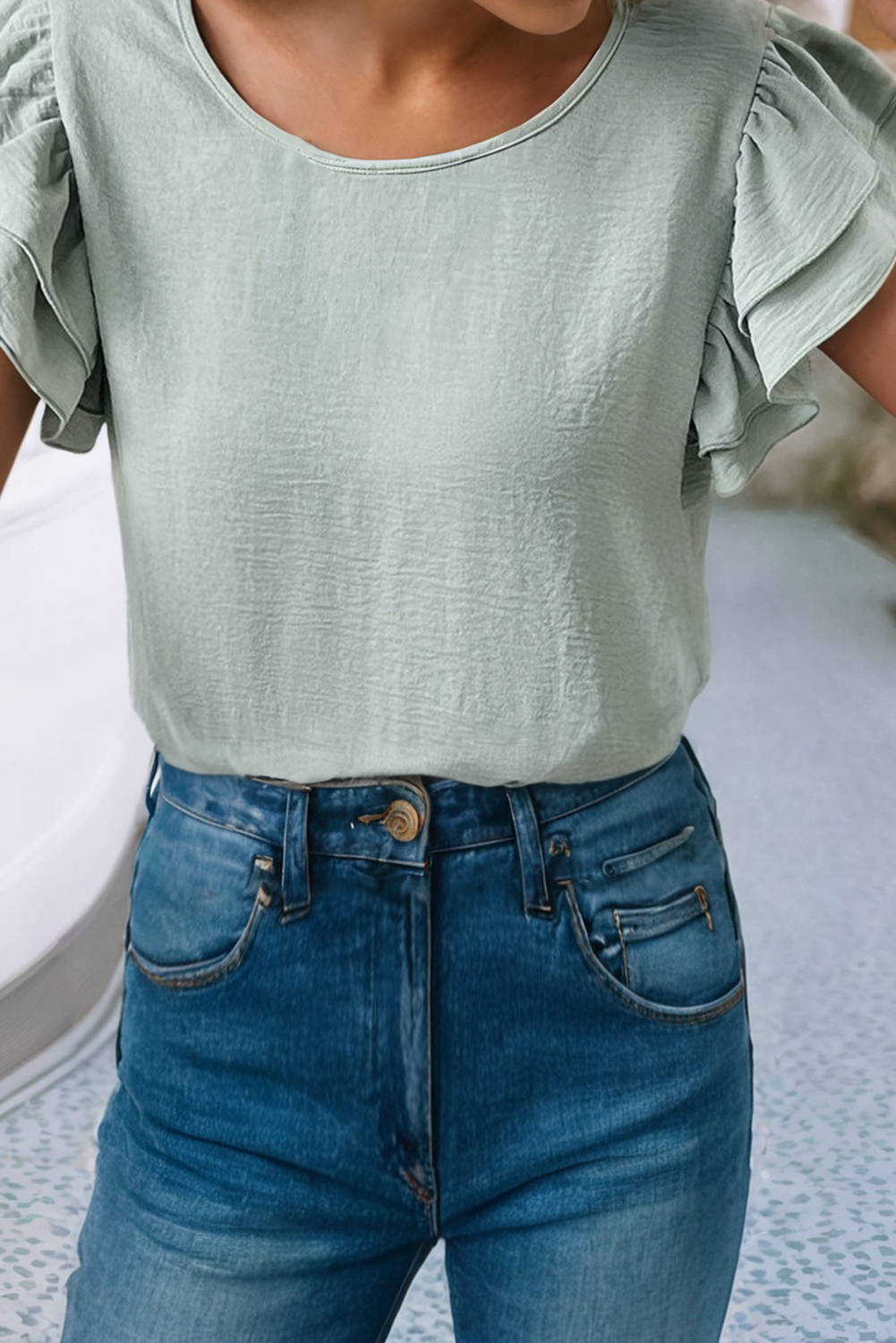 Aqua Ruffled Short Sleeve Casual Blouse