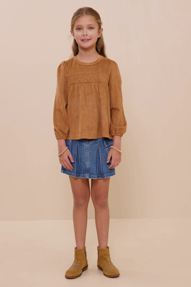 Girls Suede Smocked Baby Doll Top
