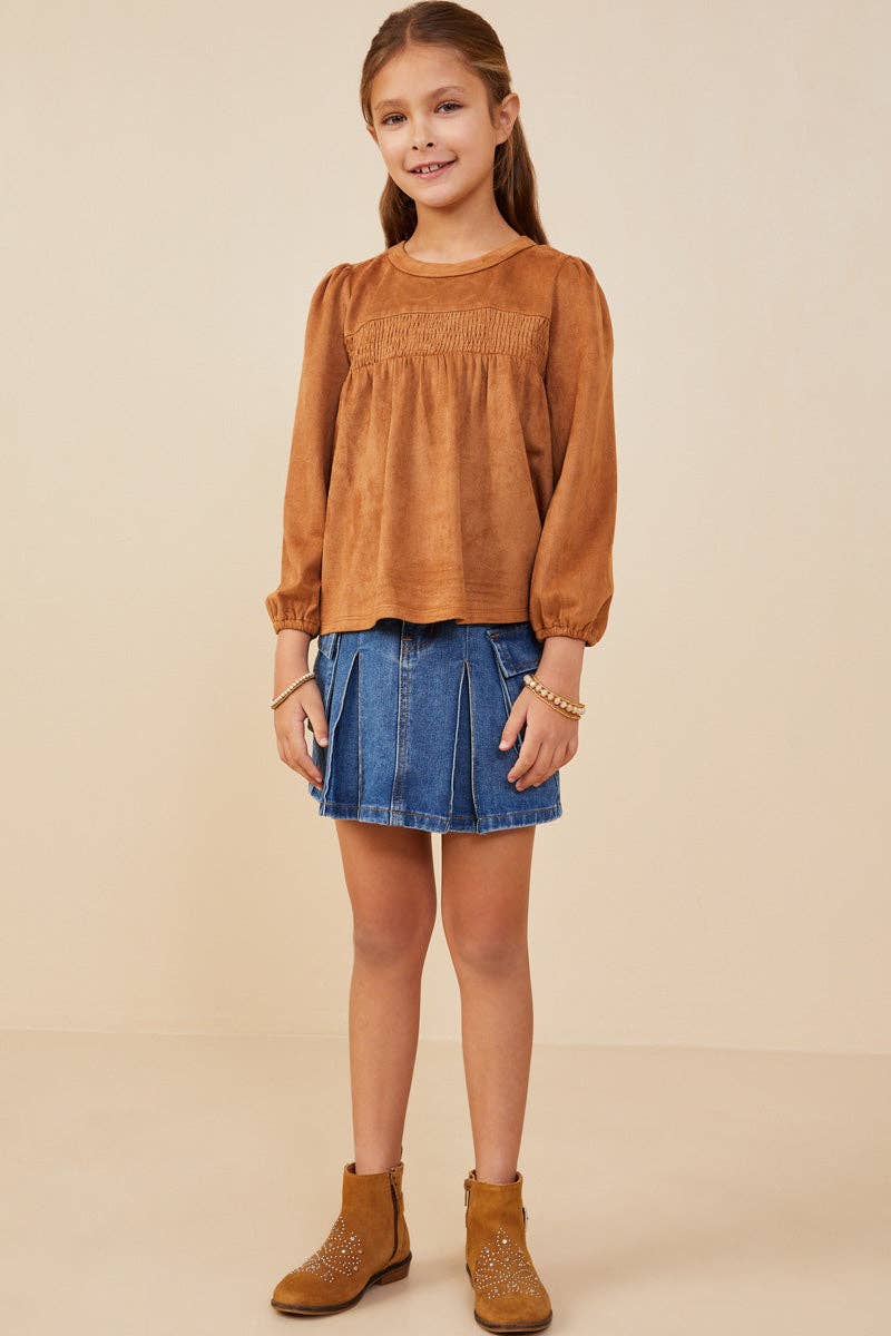 Girls Suede Smocked Baby Doll Top