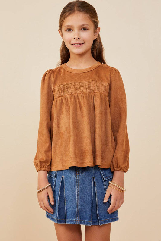 Girls Suede Smocked Baby Doll Top