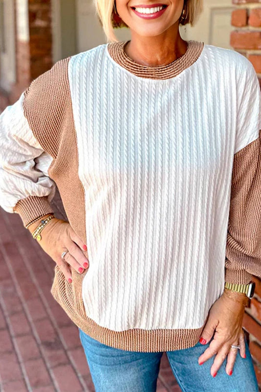 Plus Size Ribbed Colorblock Cable Textured Top