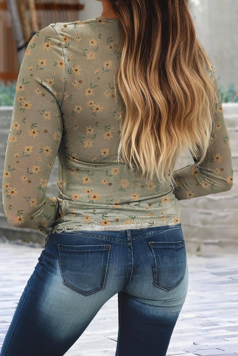 Vintage Olive Floral Mesh Top