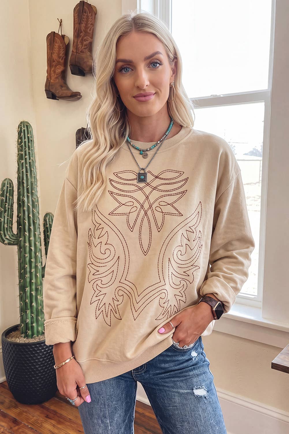 Western Boot Stitched Crewneck