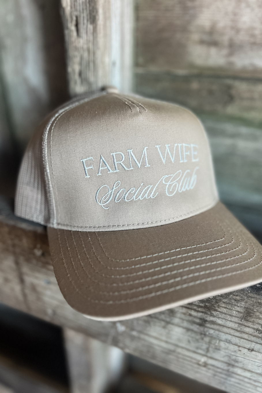 Farm Wife Social Club Trucker Hat with Mesh Back - Light Tan