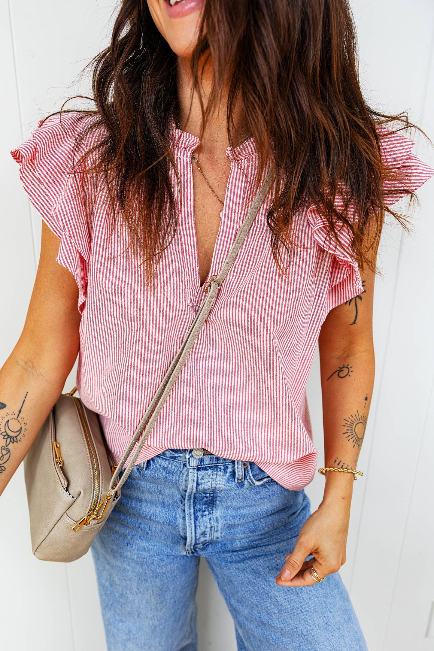 Red Stripe Frilly Blouse